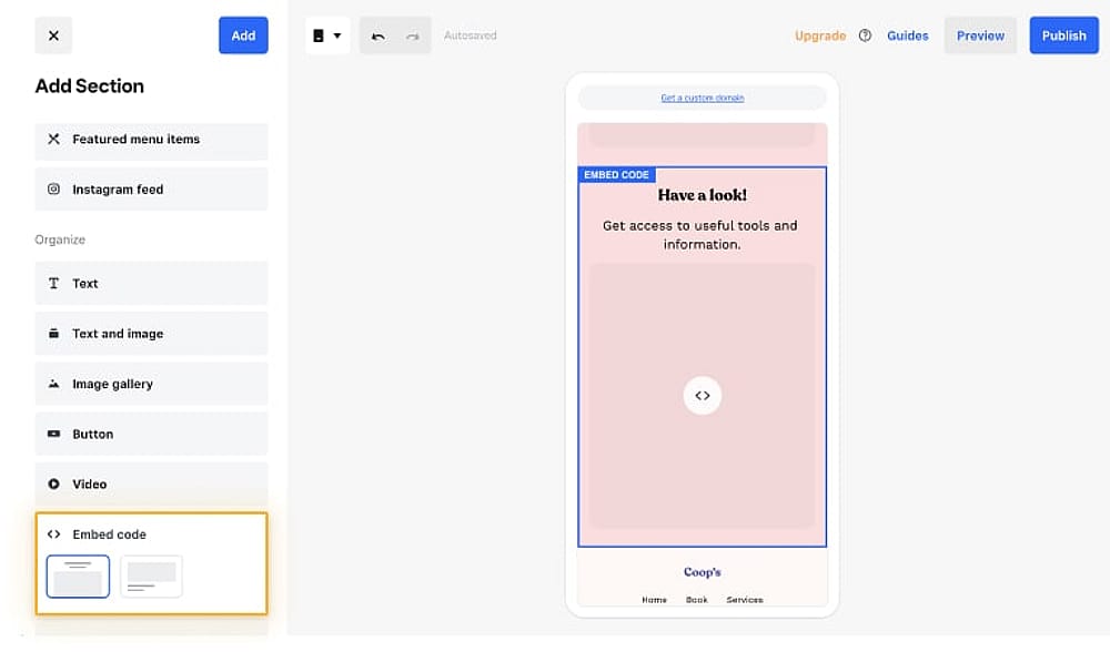 Select the embed code button on Weebly